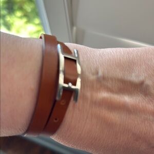 Hermes Brown reversible to Orange textured Leather Bracelet with Silver Buckle